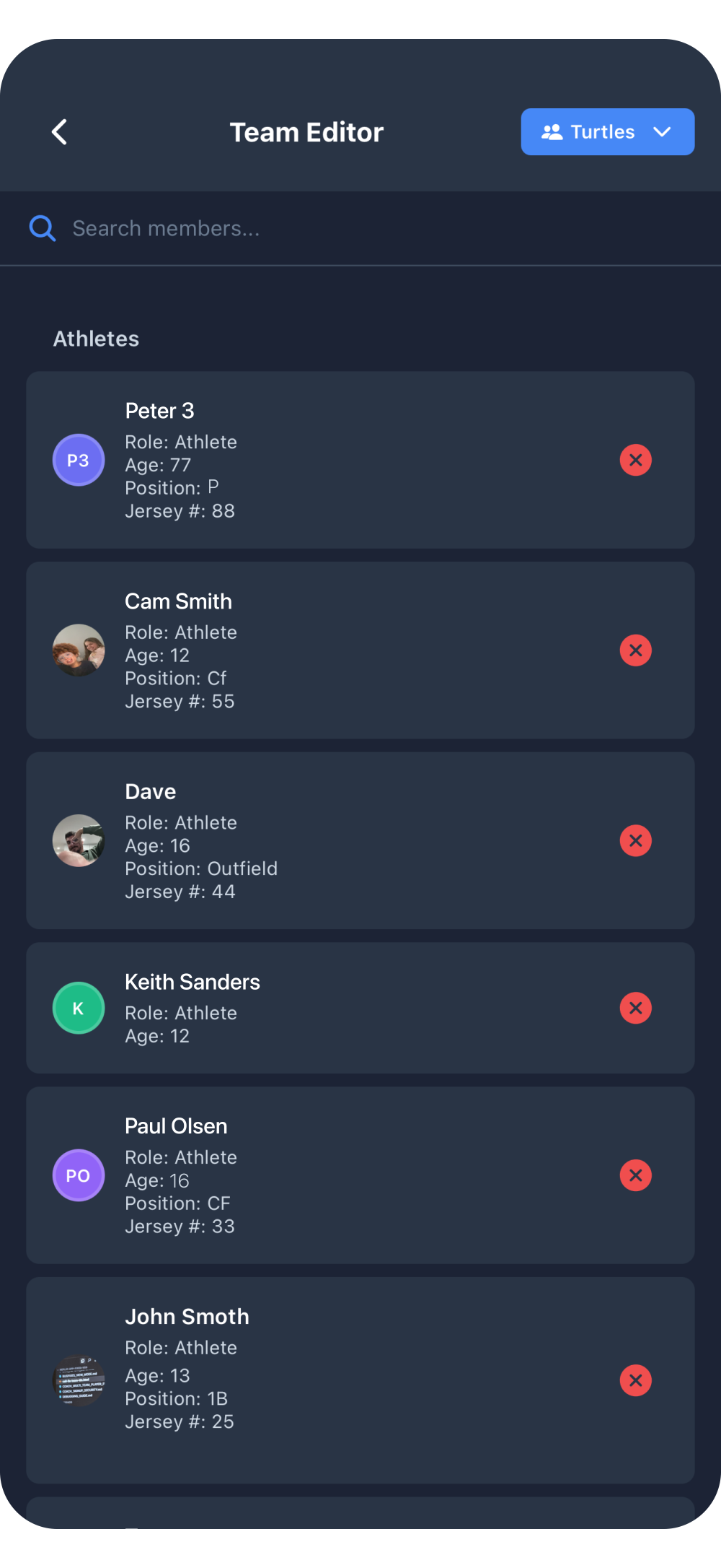Replay Sports team editor screen