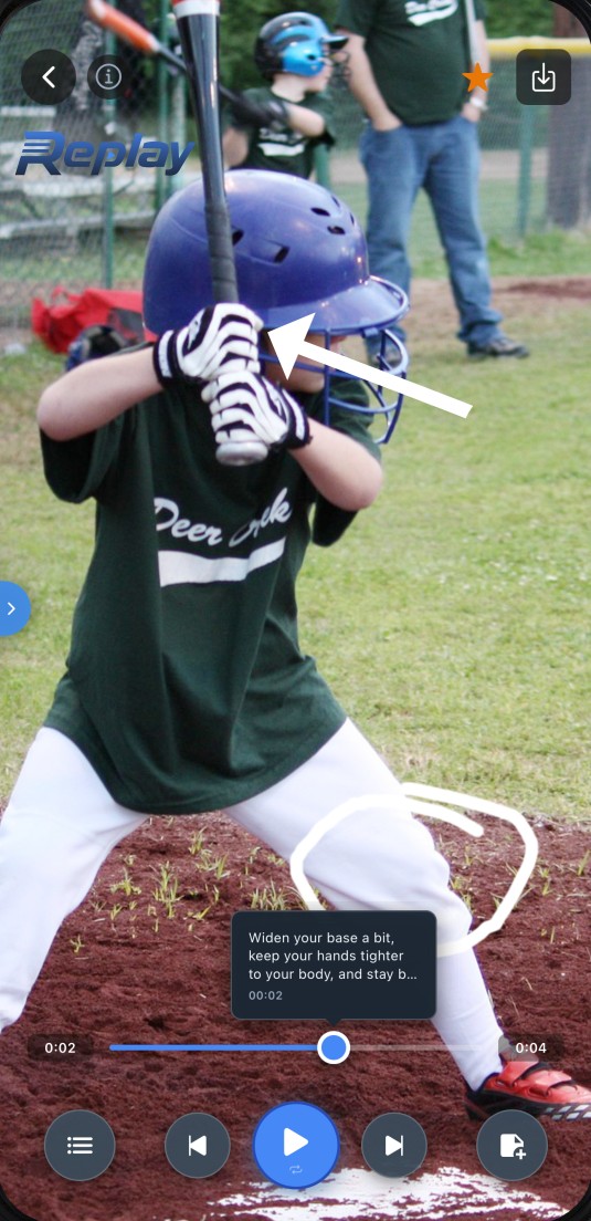 Replay film review on a phone: a coach's drawing and note on a batter's stance