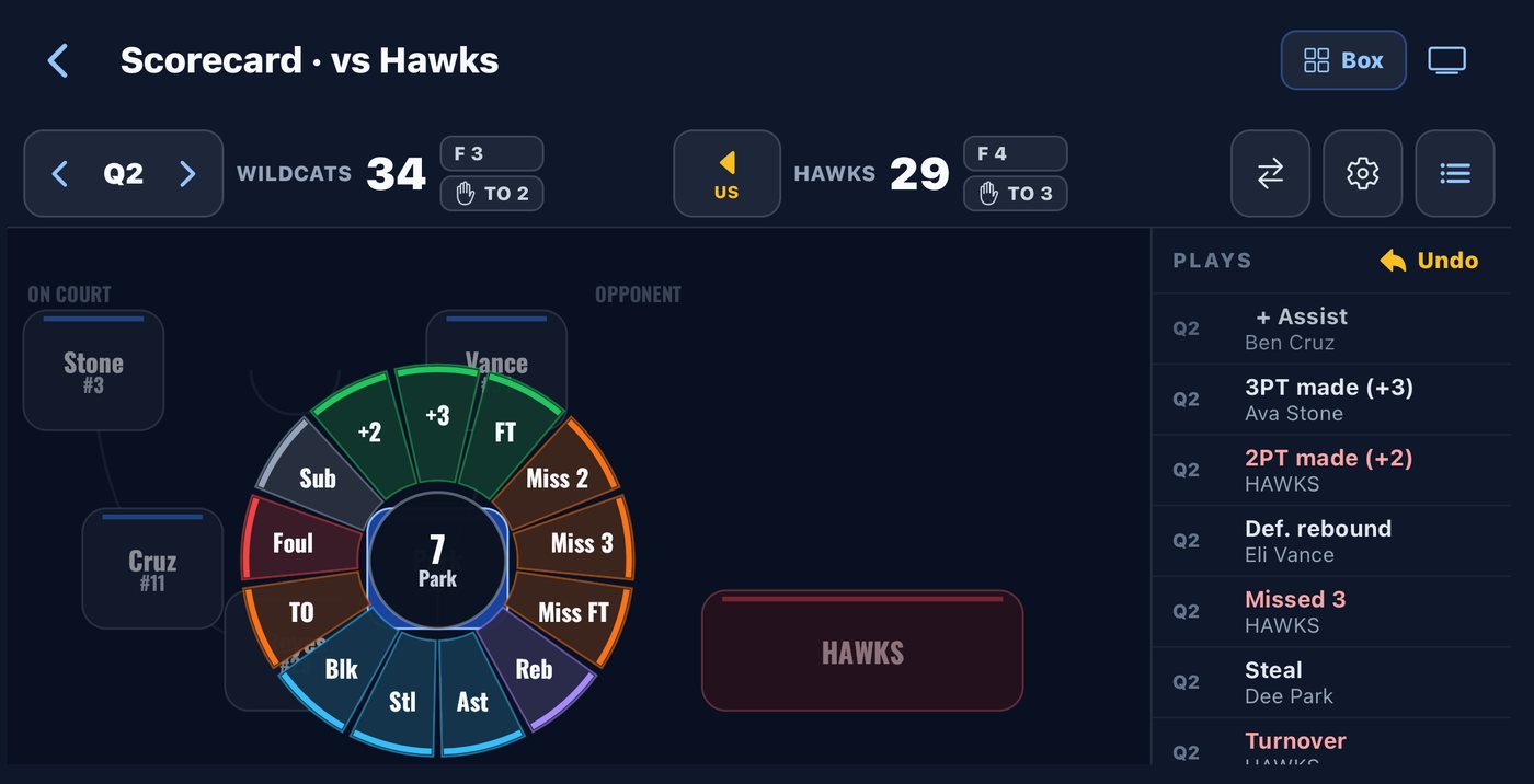 Replay's live scorecard on a phone: tap a player, pick the play from the stat wheel, and the plays list and score update