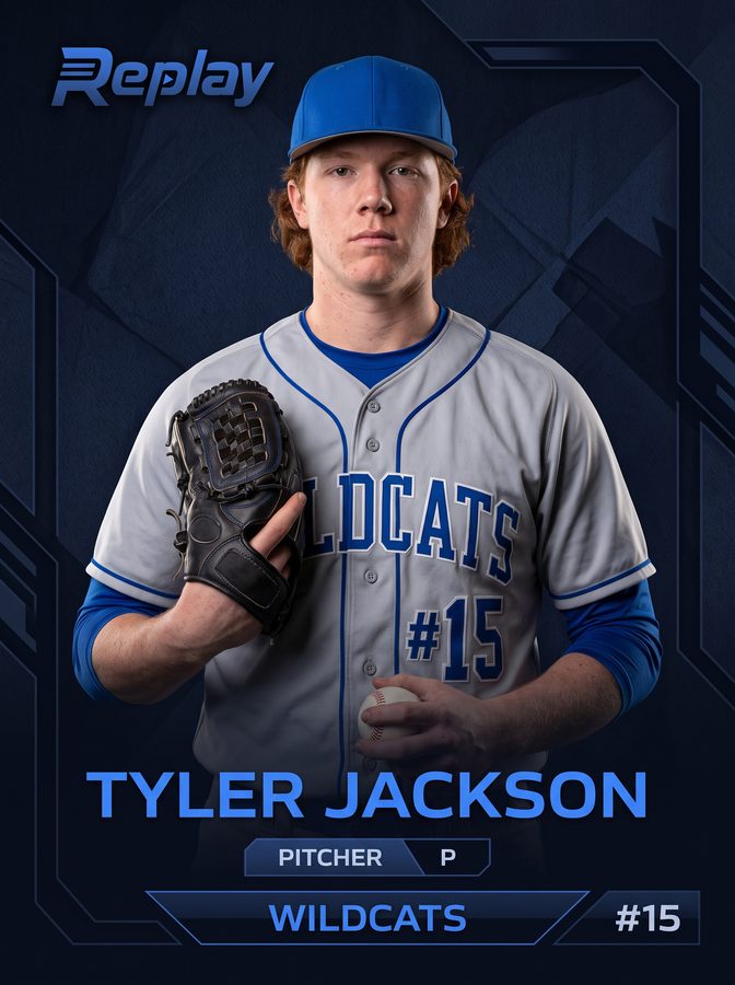 Replay player card: Tyler Jackson, number 15, pitcher, Wildcats