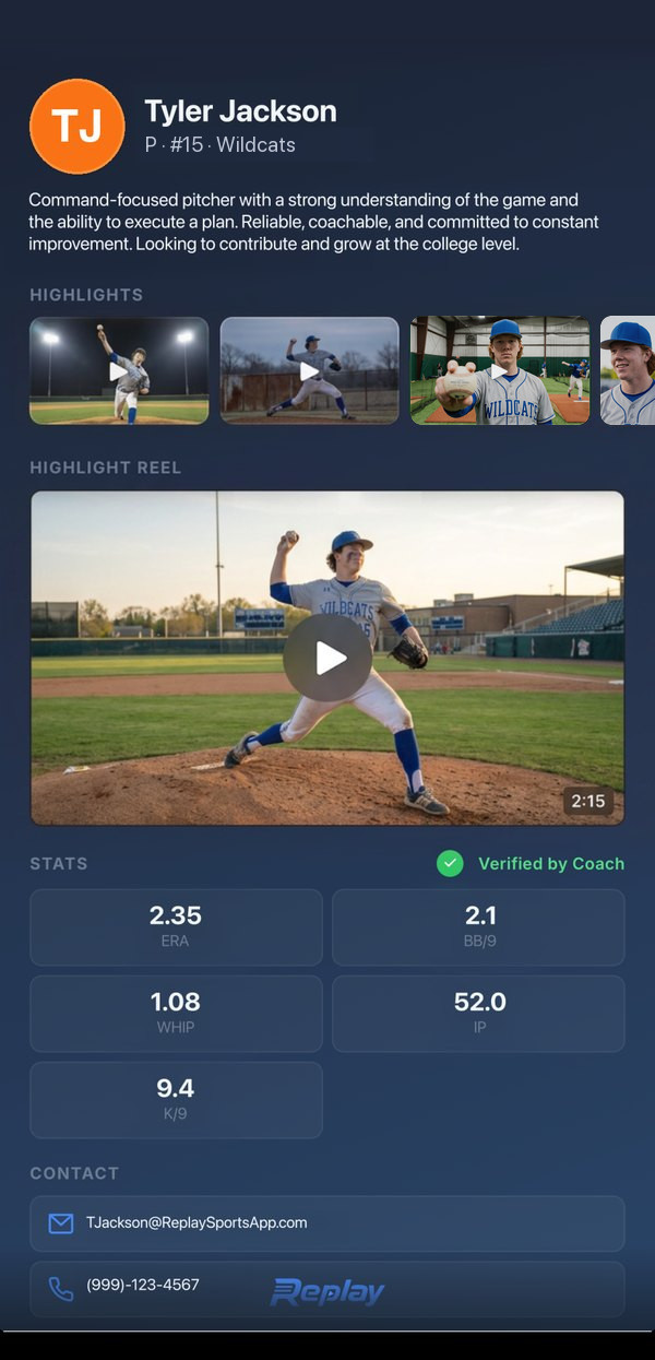 A Replay showcase page on a phone: athlete bio, highlight clips, and reel