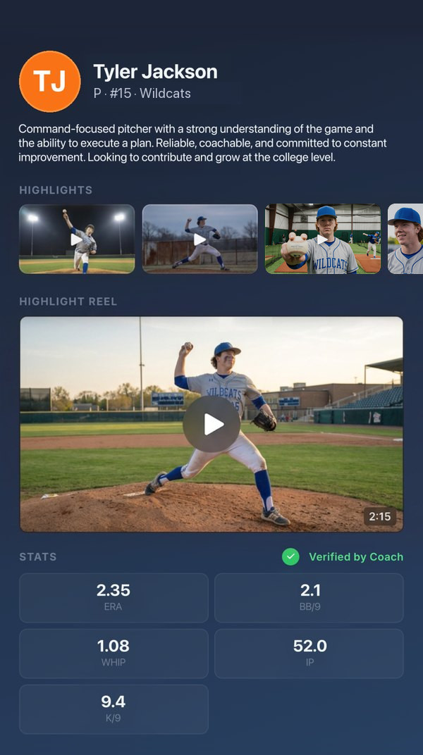 A Replay showcase page on a phone: athlete bio, highlight clips, and reel